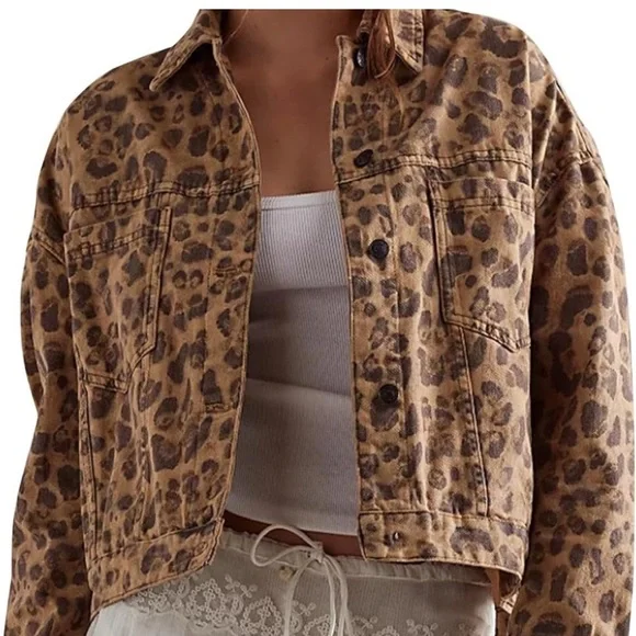 Free People Leopard Print Jean Jacket in Brown and Black - Picture 13 of 13